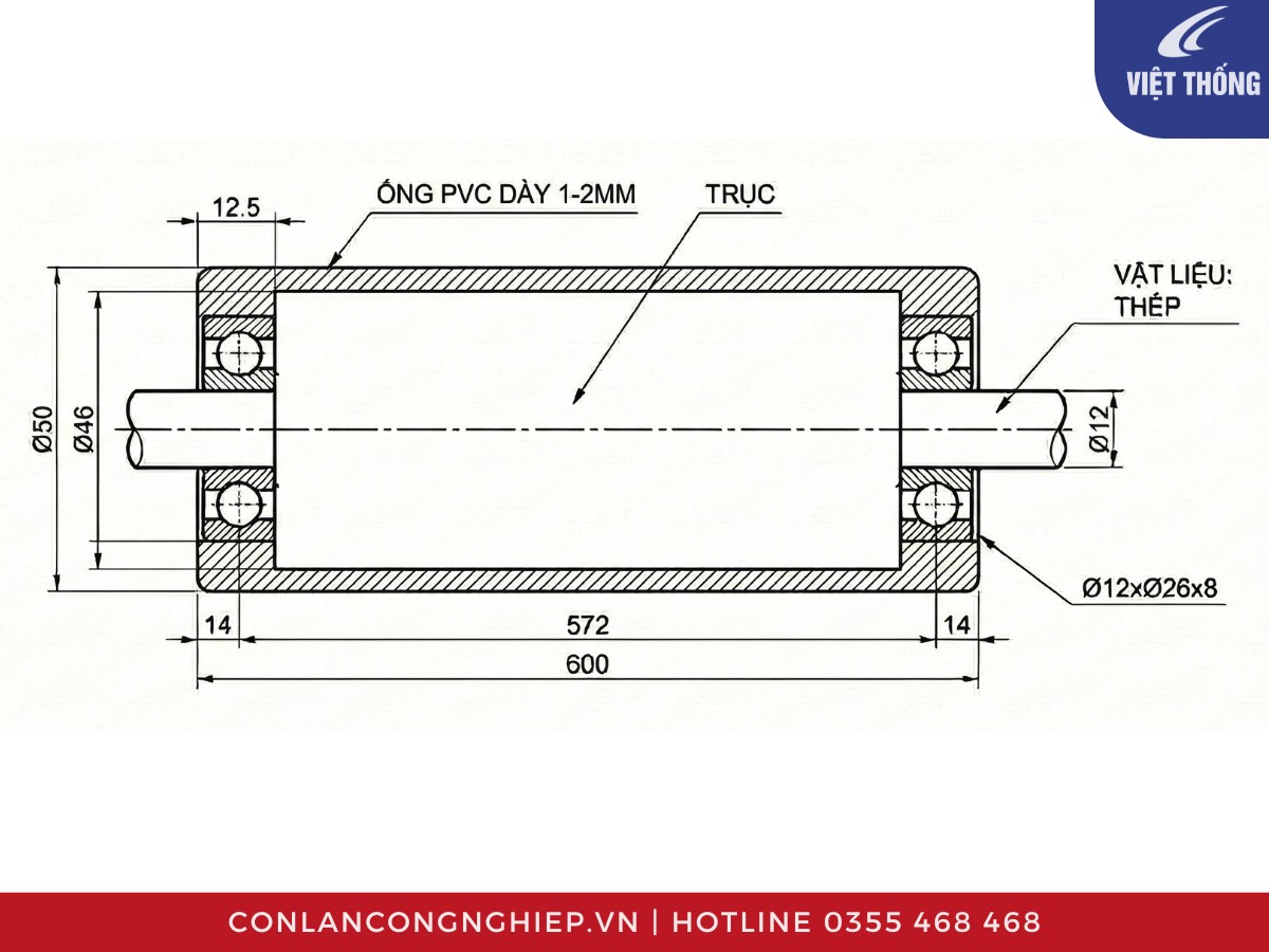 Bản vẽ kỹ thuật 2D cấu tạo của con lăn nhựa với chú thích các bộ phận